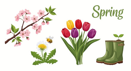Obraz premium Vibrant spring elements collection with flowers and gardening boot