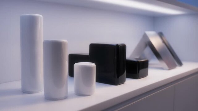 Modern minimalist design with sleek cylindrical and square objects on a shelf.