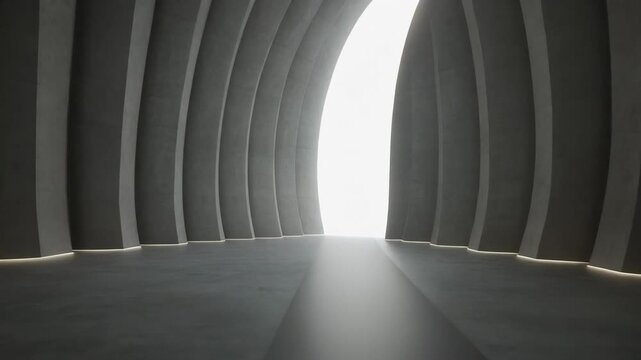 A futuristic arched tunnel with a bright light at the end, viewed from the dark interior, showcasing modern architecture