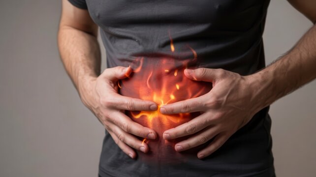 Man suffering from severe stomach pain, heartburn, or acid reflux with a visual effect of fire in the abdomen area
