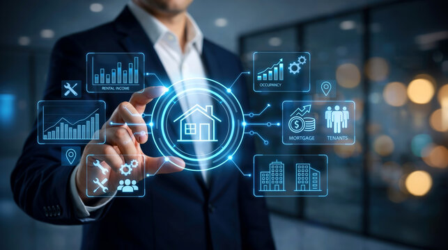 real estate management dashboard with rental income occupancy mortgage and tenants analytics on digital interface businessman using smart property technology