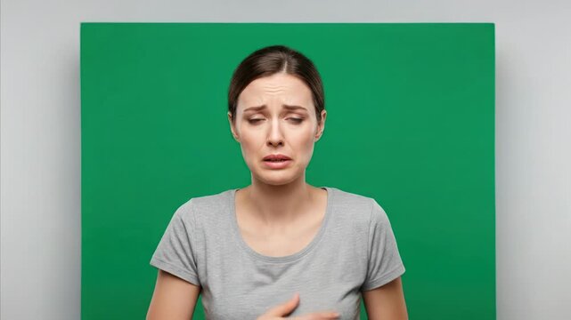 Woman Expressing Disappointment and Sadness with Hand Gesture on Green Screen