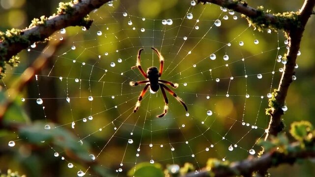 Spider sitting in wet cobweb outdoors.