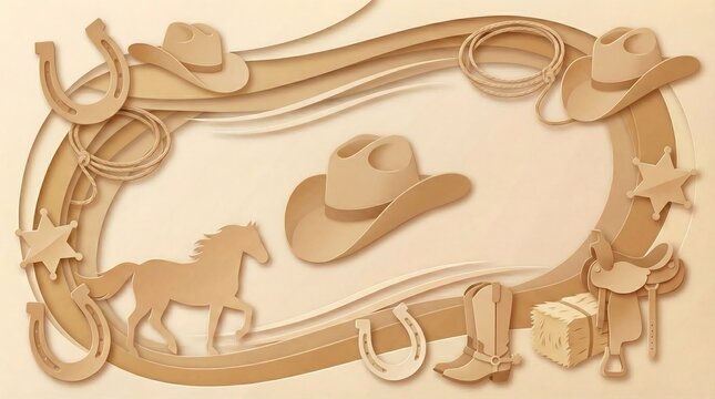 Desenho de recorte de papel com tema do Velho Oeste, apresentando chap&eacute;u de cowboy e cavalo.