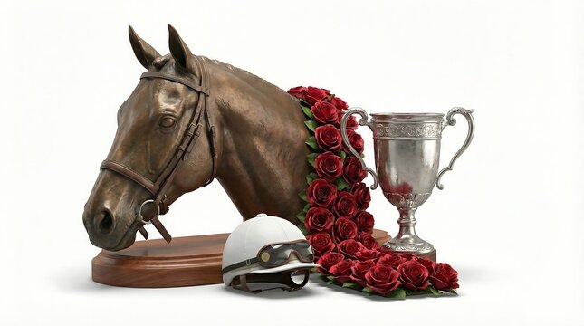 Cabe&ccedil;a de cavalo trof&eacute;u com rosas e capacete de j&oacute;quei sobre fundo branco