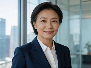 Mature Asian Businesswoman with Subtle Confident Smile in Executive Office