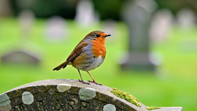 European robin bird on mossy tombstone in green graveyard