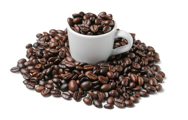 Cup with roasted coffee beans isolated on white background