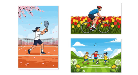 Obraz premium Cartoon sports illustrations of people playing tennis cycling and soccer in spring