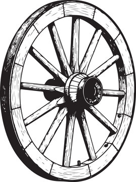 Vintage wooden wheel with spokes monochrome engraving vector illustration for rustic farm decor western theme party and antique shop branding