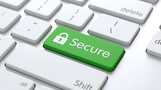 Close up of keyboard with highlighted secure key and padlock icon, symbolizing online privacy, encrypted communication, secure login access, and digital information security.