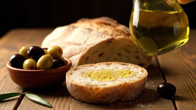 Olive oil being drizzled on bread with olives and a loaf. Rustic wooden table background
