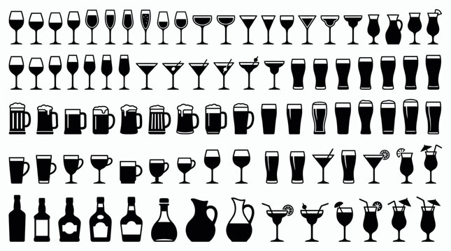 Large collection of alcohol and beverage glassware silhouette icons including wine glasses beer mugs and cocktail bottles, concept for bar menu design restaurant signage and drinks catalog