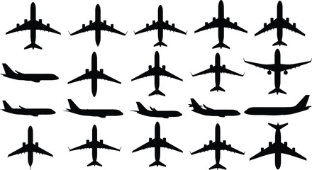 Airplane silhouettes collection showing multiple aircraft models, diverse aviation vector icons with top and side views for design and educational use