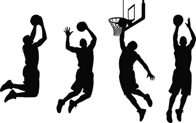 Basketball player silhouettes in dynamic action, slam dunk poses, shooting movements, athletic sports figures, vector illustration, black stylized athletes © MdKhaledur