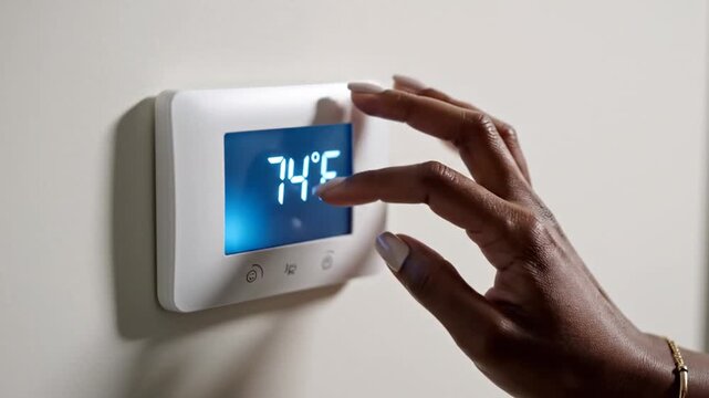 Woman's hand adjusting smart thermostat to 77 degrees