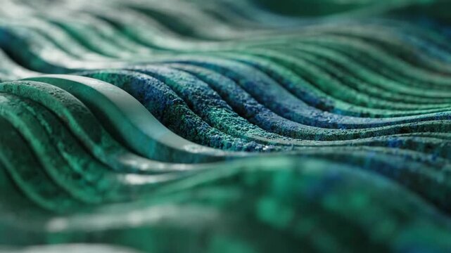 Closeup of green wavy surface with blue highlights.