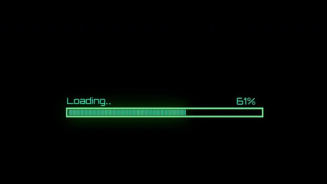 Green Loading progress bar animation on black background, progress bar animation from 0 to 100% with loading text . Loading bar and percentage progress. 4K Video	