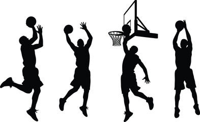 Basketball player silhouettes jumping, shooting, dunking, dynamic sports vector illustration, athletic motion, hoop action, competitive game, energetic basketball art design © MdKhaledur