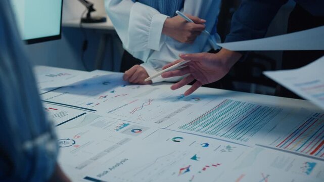 Close up Asia businesspeople meeting plan analysis statistics brainstorm and work with paperwork around table in office conference room at night. Business finance partners strategy investment success.