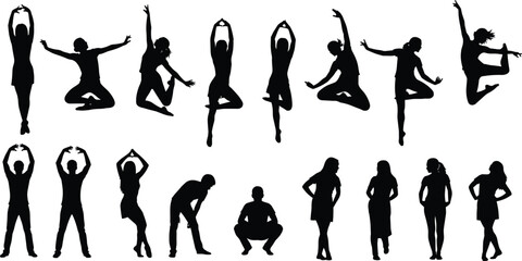 Human silhouettes in dynamic and static poses, expressive vector figures showing dance, movement, posture, standing, squatting, leaning illustration © MstSahana