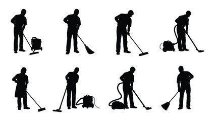 Silhouette of people cleaning with various tools isolated on white background, Vector