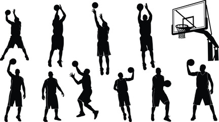 Black silhouette illustration of basketball players in dynamic action poses, dribbling, shooting, passing, jumping, hoop and net athletic design © MdKhaledur