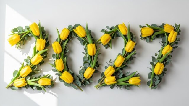 A creative arrangement of vibrant yellow flowers forming the year 2007 on a light background