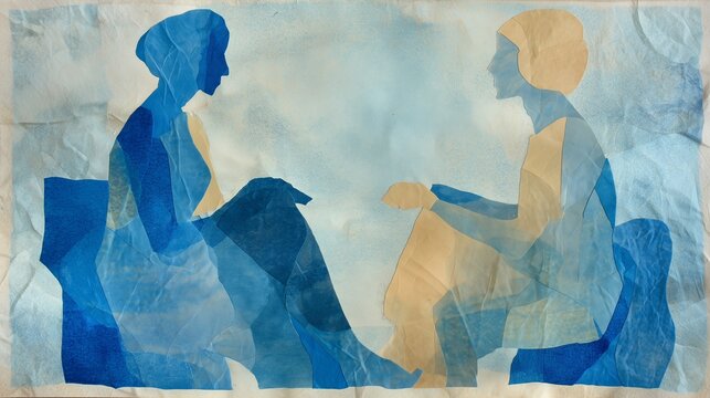 two seated female silhouettes facing each other, conversation, psychotherapy, counseling session, emotional support, mental health concept. Minimal abstract background, Layered paper collage