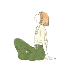 座って上を見上げる若い女性