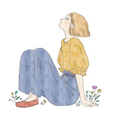 座って上を見上げる若い女性