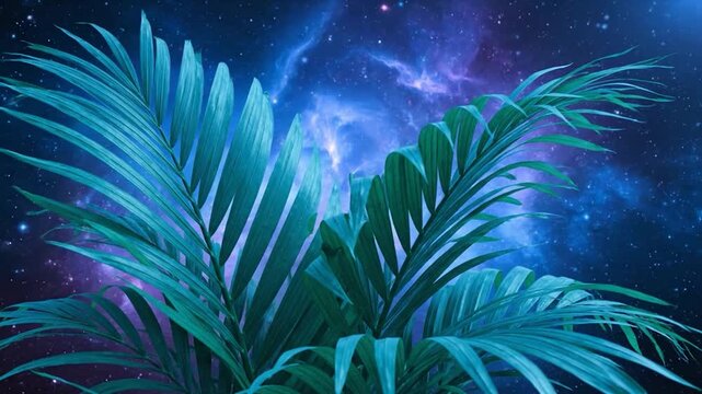 Palm fronds overlap a cosmos backdrop, blending earthly nature with celestial wonder