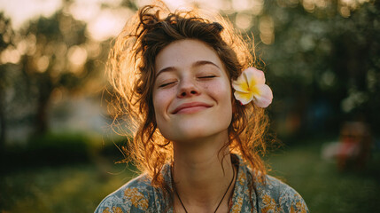 smiling young female with closed eyes flower in hair taking deep breath in outdoor park at sunset with warm sunlight showing wellness and calm