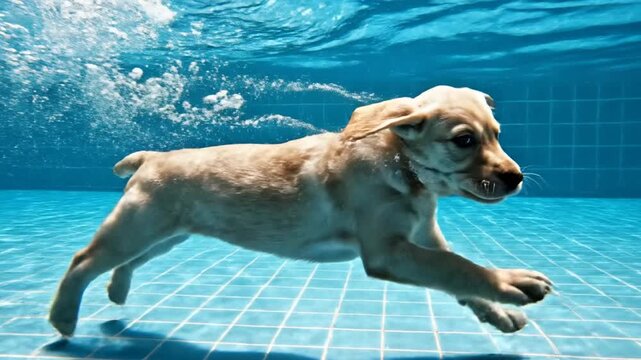 Cute yellow Labrador puppy swimming underwater in blue pool