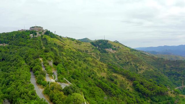 Genoa, Italy. Forte Sperone is a key point of the 19th-century Genoese fortifications and is located on top of the Mura Nuove. Drone footage