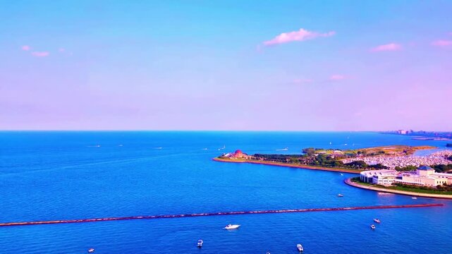 A smooth drone flight over Lake Michigan revealing the iconic Adler Planetarium along the shoreline, with the Chicago skyline rising dramatically in the background for a stunning cinematic view.
