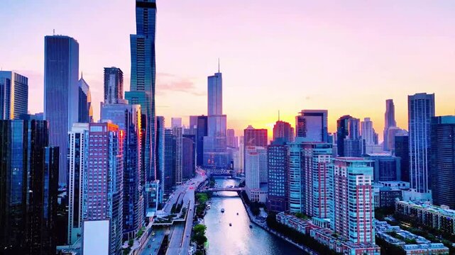A stunning drone shot of Chicago from over Lake Michigan, showcasing the full skyline rising dramatically above the water in a wide, cinematic aerial view.