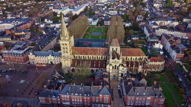 Amazing tilted drone view of the ancient Lisieux Cathedral aka Cathedrale Saint-Pierre de Lisieux, France