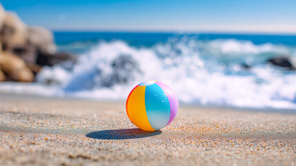 Obraz premium Colorful beach ball rests on sandy shore with ocean waves crashing in background
