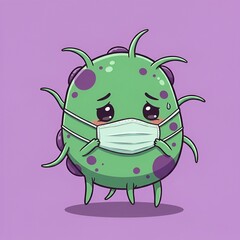 Fototapeta premium A cute green cartoon virus character with purple spots and a sad expression, wearing a surgical face mask, isolated on a solid purple background. Ideal for health and illness concepts.