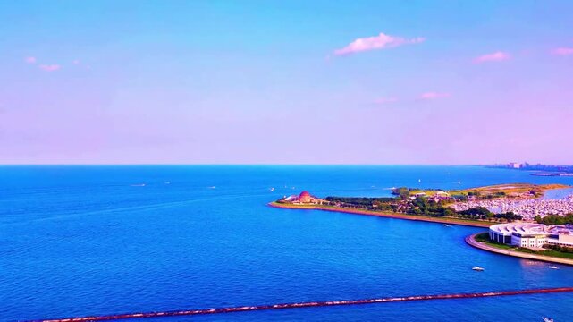 A smooth drone flight over Lake Michigan revealing the iconic Adler Planetarium along the shoreline, with the Chicago skyline rising dramatically in the background for a stunning cinematic view.