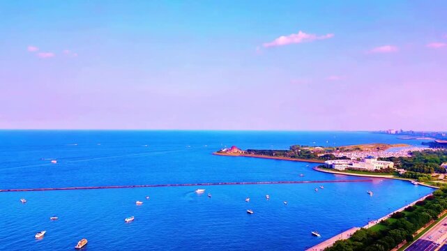 A smooth drone flight over Lake Michigan revealing the iconic Adler Planetarium along the shoreline, with the Chicago skyline rising dramatically in the background for a stunning cinematic view.