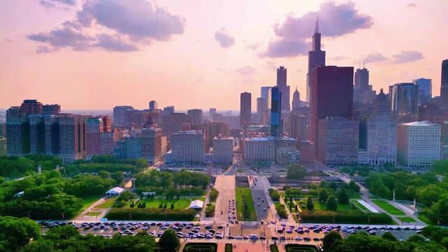 A cinematic drone shot of Chicago viewed from over Lake Michigan, featuring the iconic skyline rising in the background and Buckingham Fountain in the foreground,