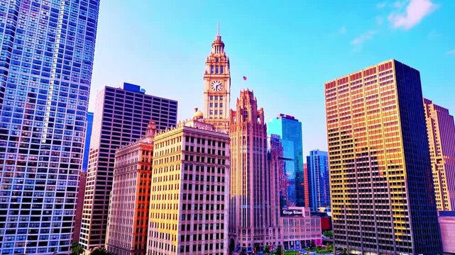 An up-close drone shot weaving through downtown Chicago&rsquo;s towering skyscrapers, capturing the sharp lines, reflective glass, and powerful scale of the city&rsquo;s iconic architecture.