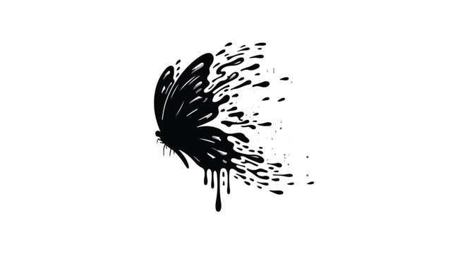 Abstract black butterfly dissolving into ink splatters on white background, symbolizing transformation and fragility.