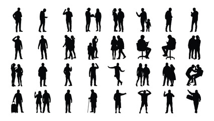 A collection of black silhouettes of people performing various actions isolated on white background, Vector © JASMIN