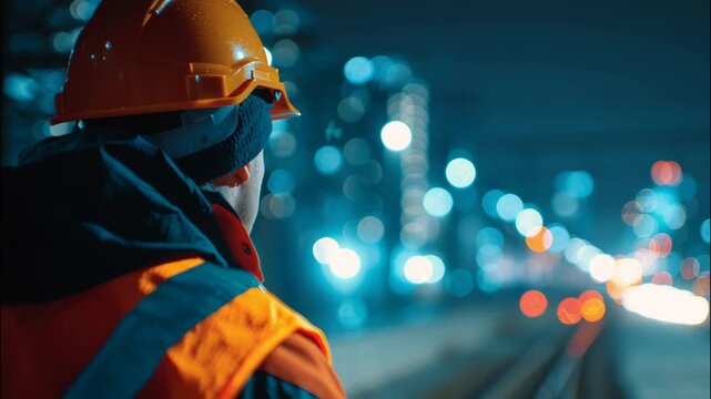 Construction worker in safety jacket and hard hat looking at train tracks at night  