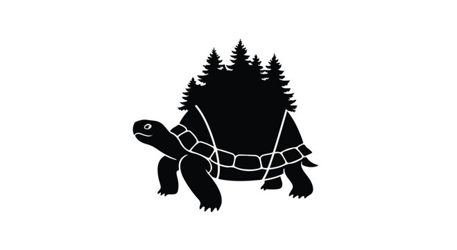 Whimsical tortoise carrying a forest on its back, symbolizing slow travel and nature's journey.