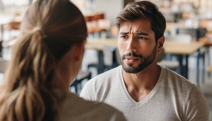 Obraz premium Man displaying worried expression during conversation, emotional dialogue, interpersonal interaction, café setting, blurred background.