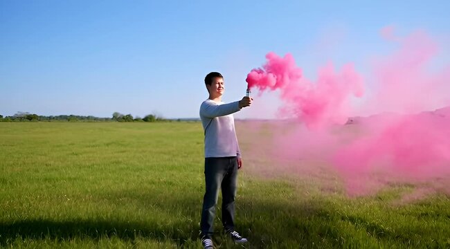 A young man standing in a field holding a pink smoke grenade